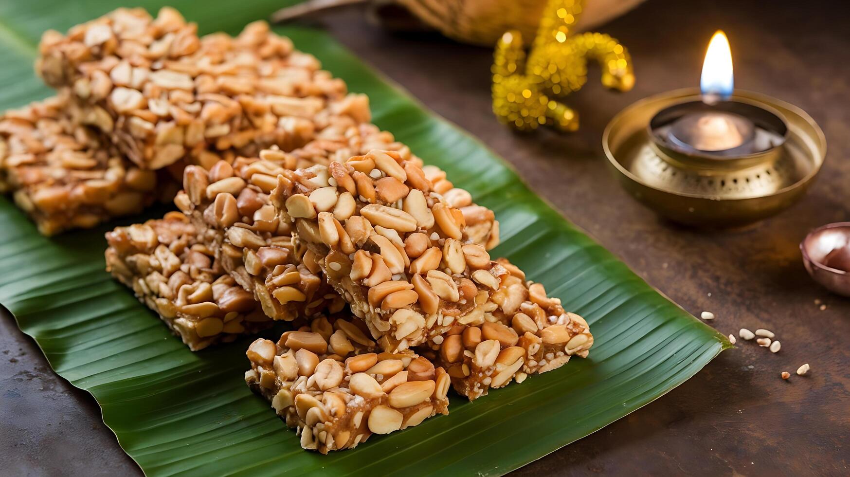 A plate of nuts and nuts sitting on a banana leaf photo