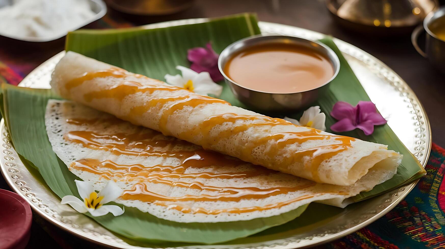 A plate with a dosa and a cup of sauce photo