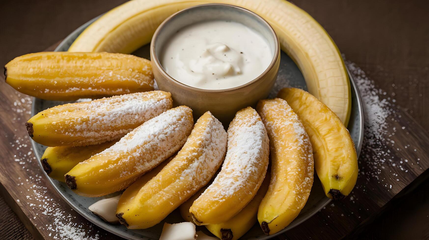 Bananas with powdered sugar and a bowl of dip photo