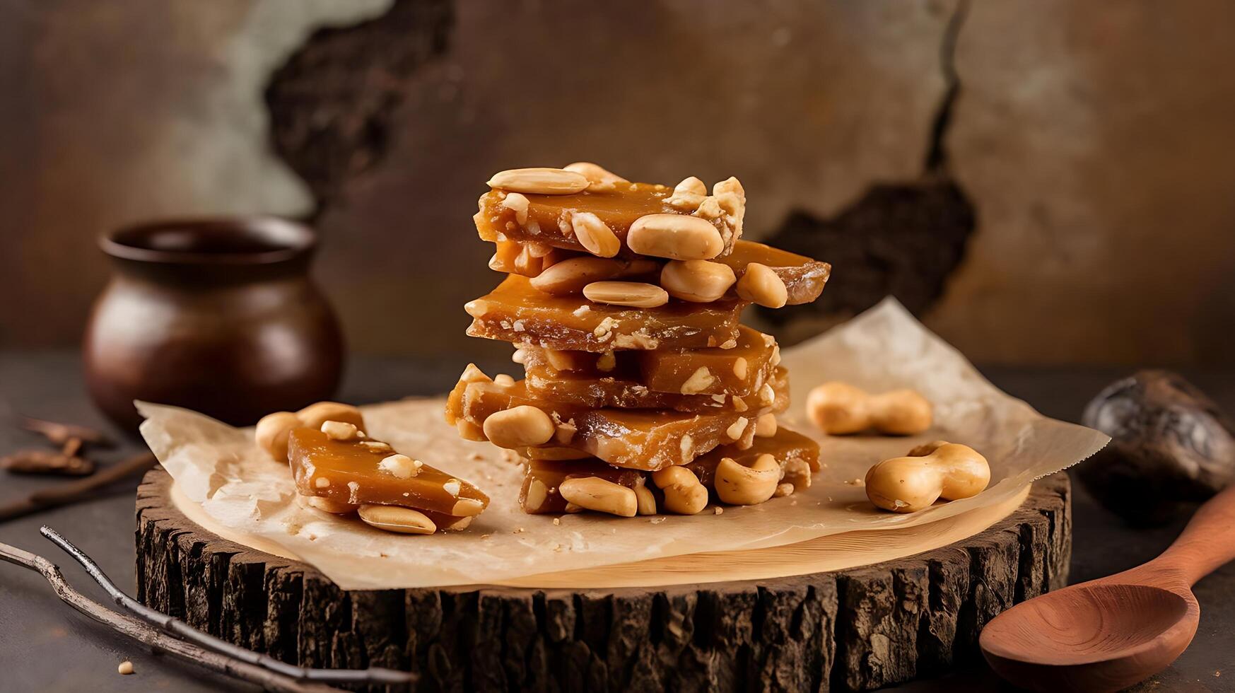 A pile of nuts and caramel on a wooden table photo