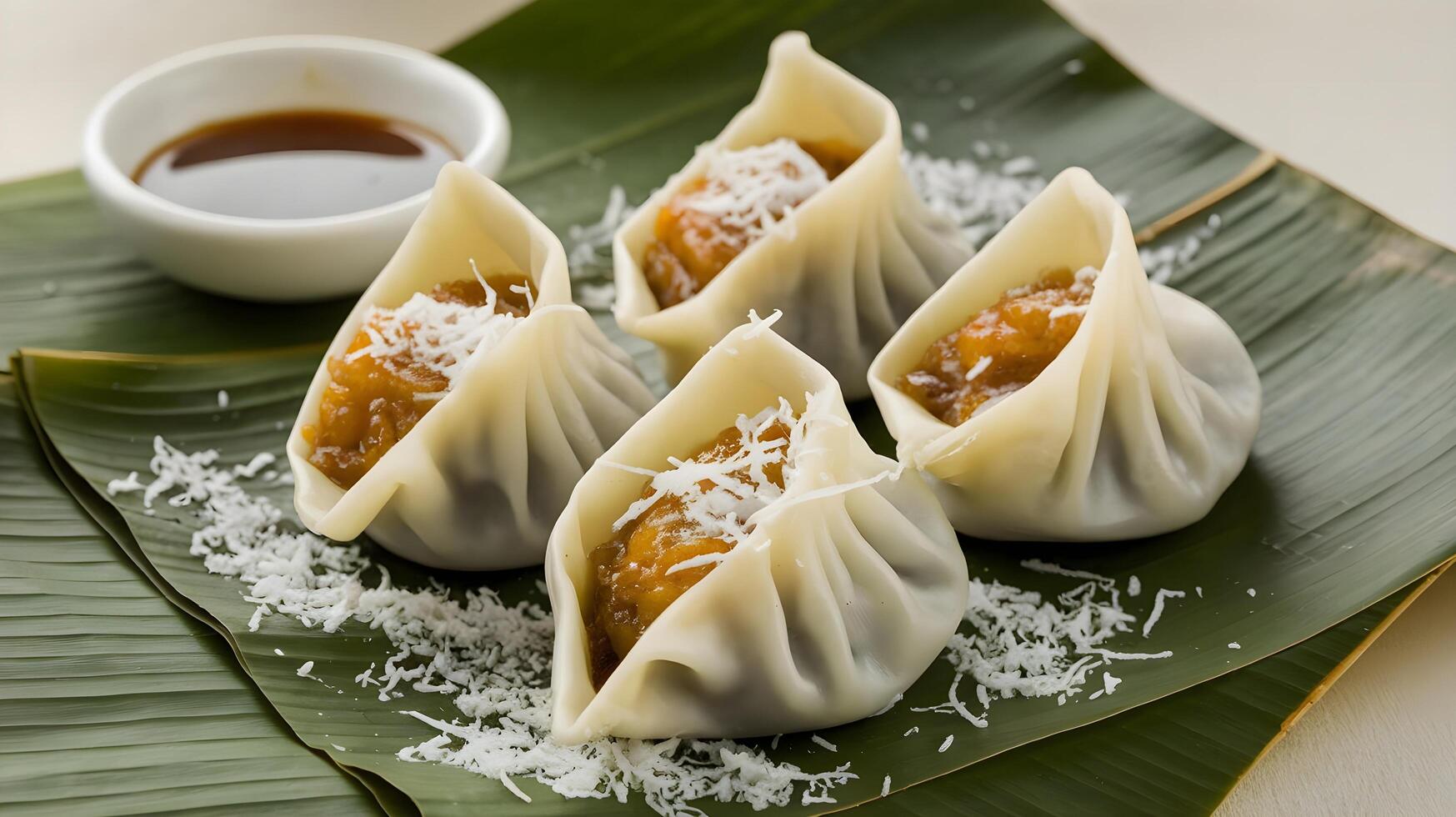 Four dumplings on a banana leaf with sauce photo