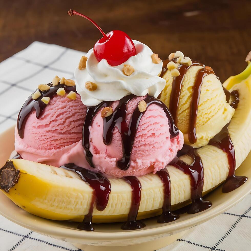 A banana split with ice cream, chocolate syrup and cherries photo