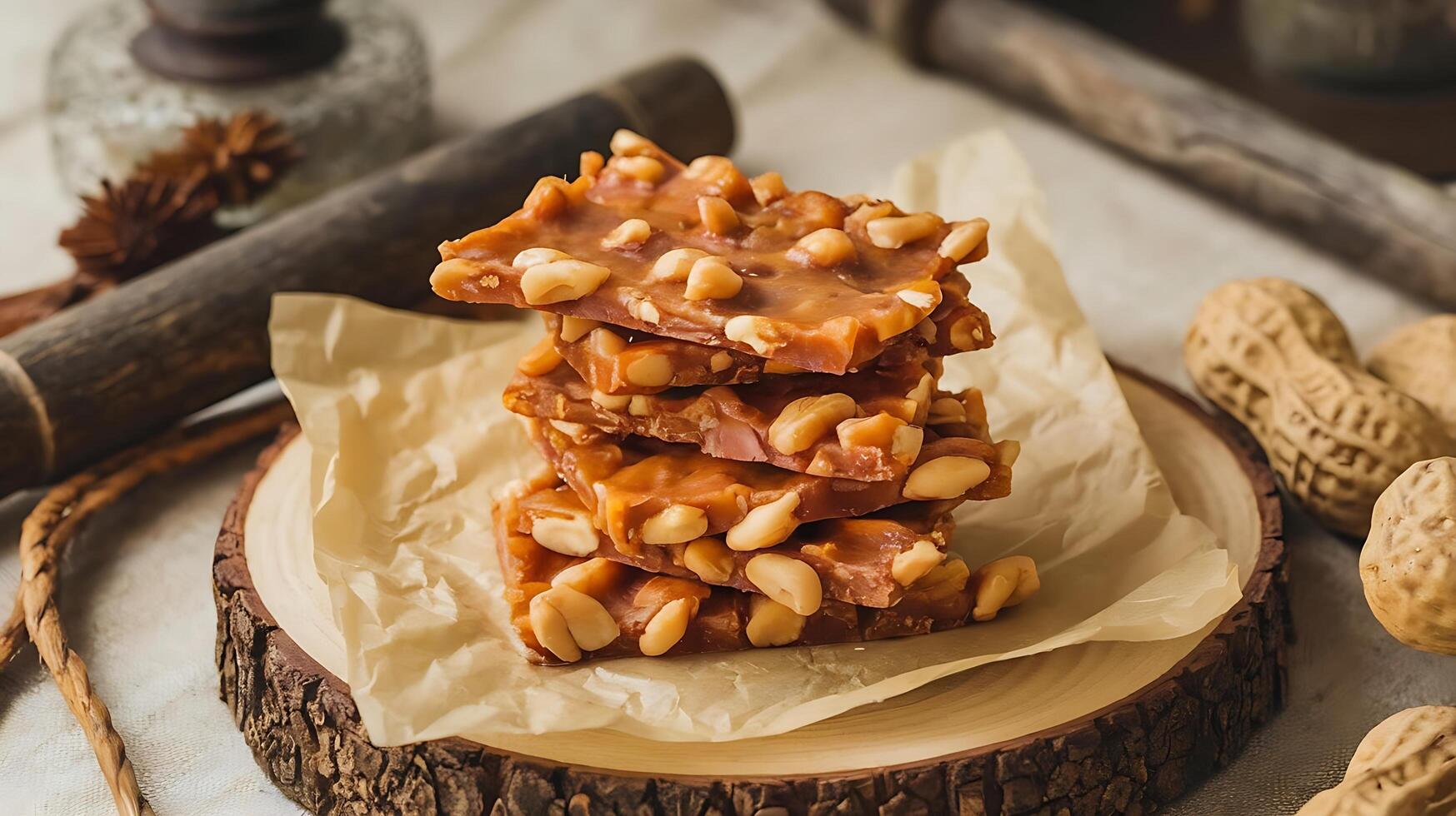 Peanut brittle on a wooden plate photo