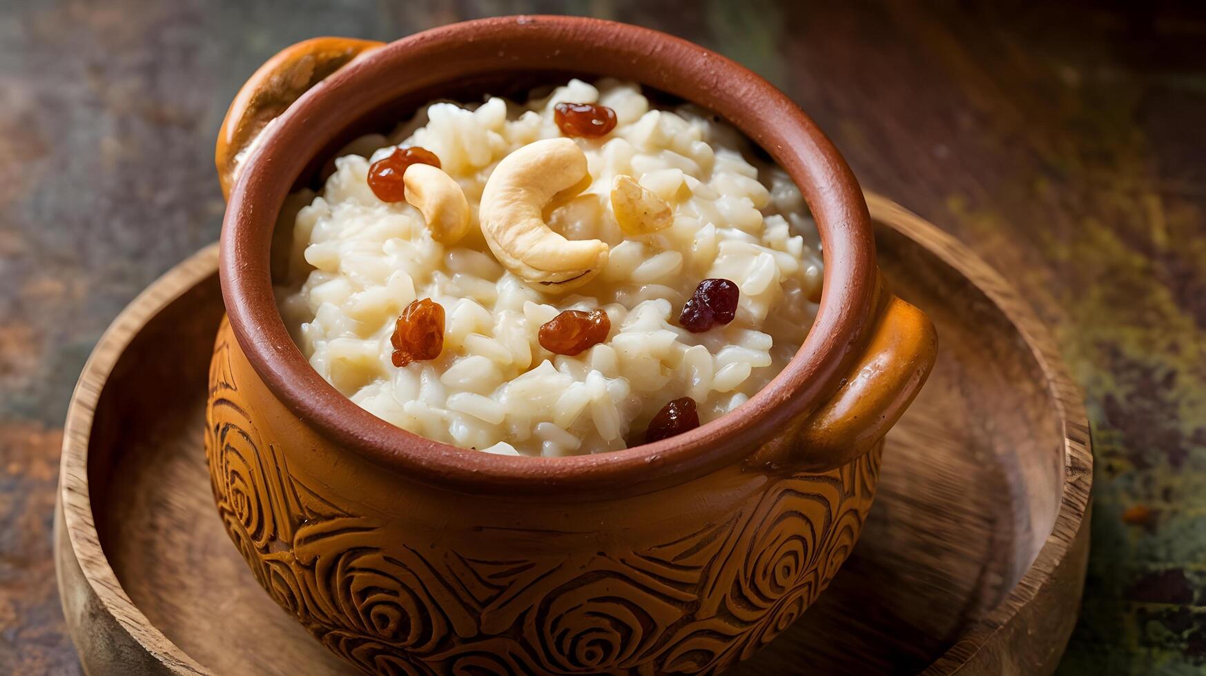 Rice pudding with raisins and nuts in a brown clay pot photo