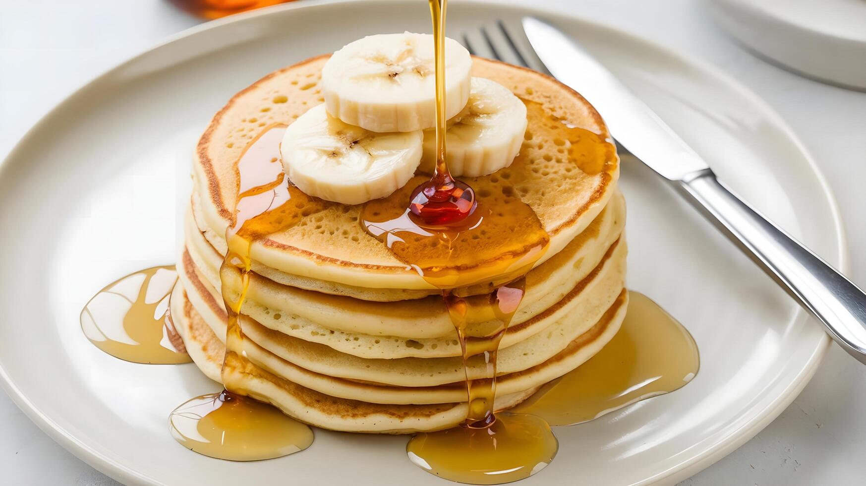 A stack of pancakes with syrup and bananas photo