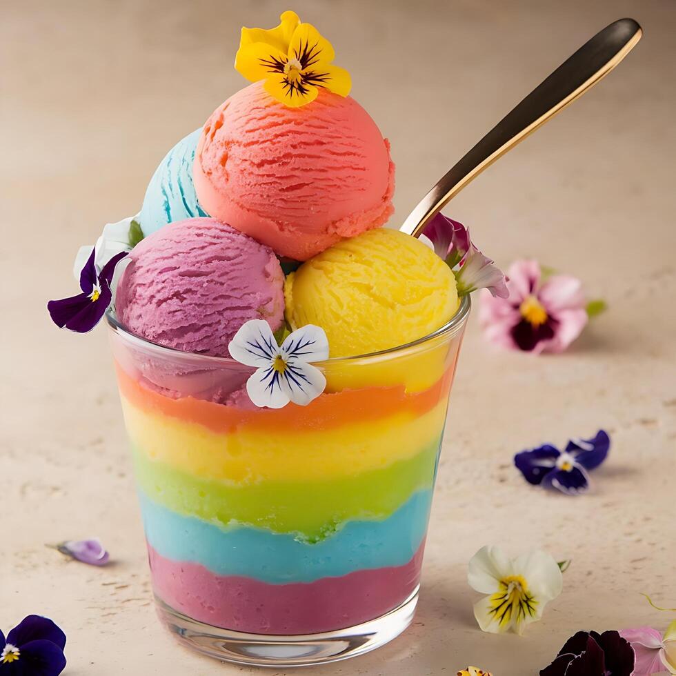 A colorful ice cream sundae with flowers photo