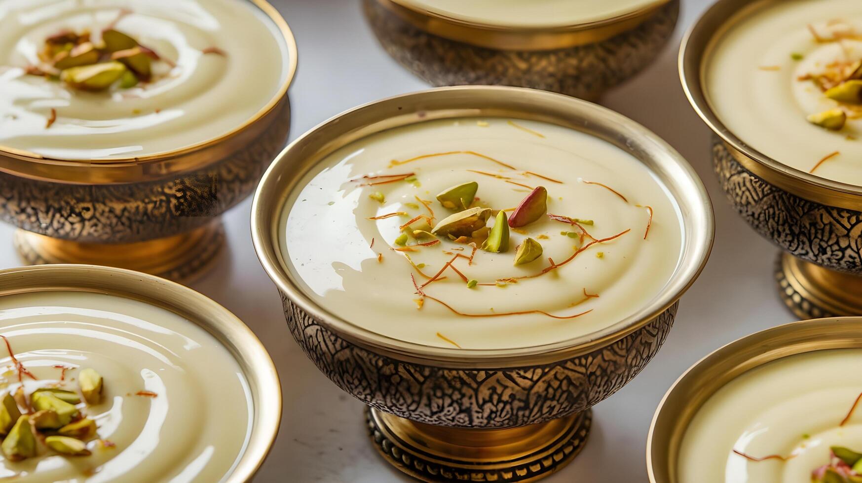 A close up of several bowls of yogurt with nuts photo