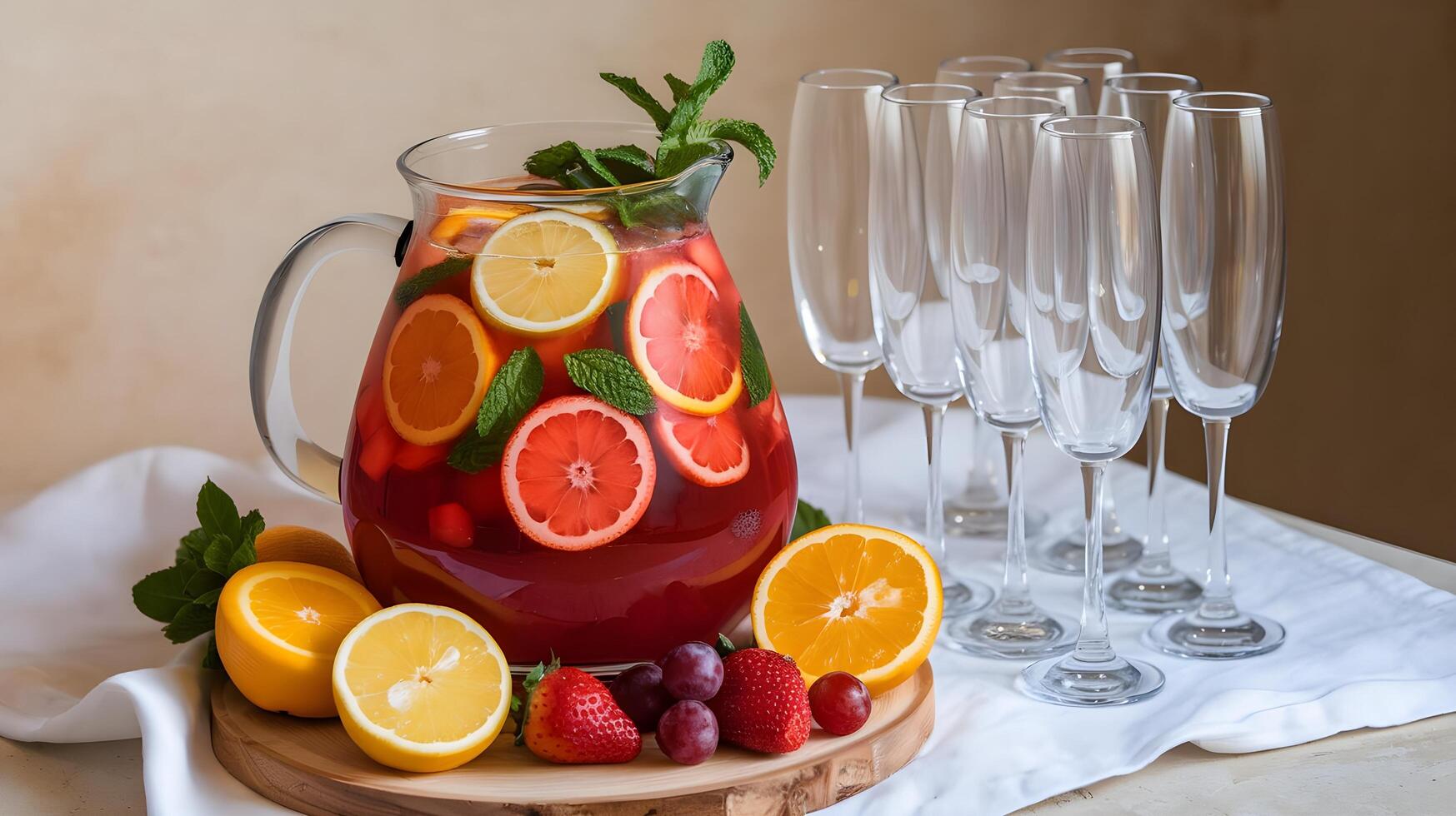 A pitcher of punch with fruit and glasses on a table photo