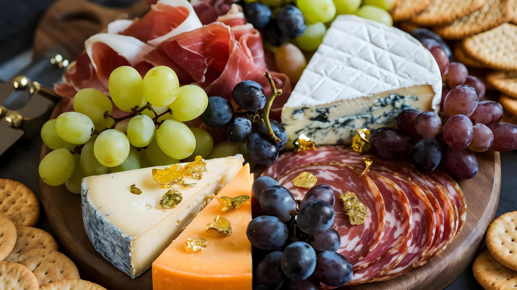 A platter of cheese, grapes, and meats photo