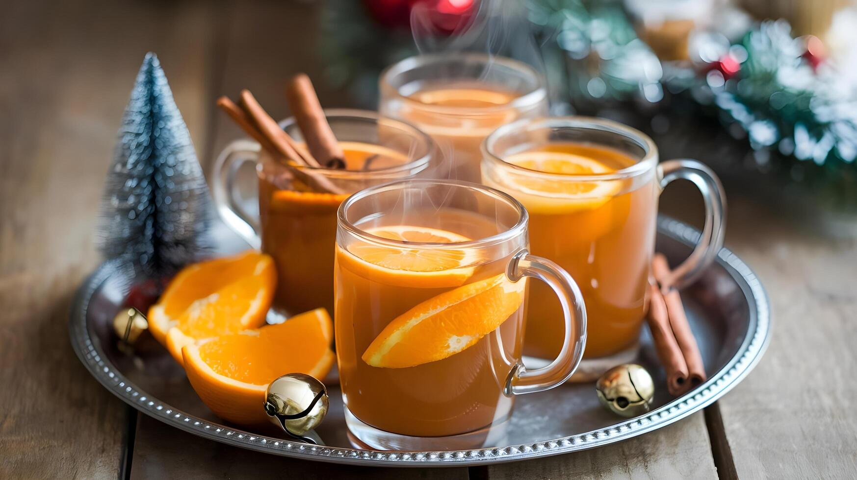 Three glasses of hot tea with oranges and cinnamon photo