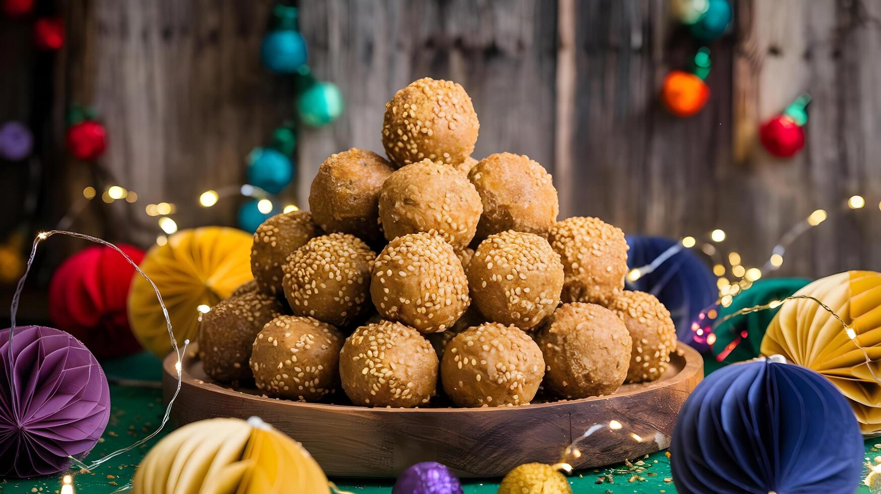 A pile of cookies on a plate with lights around it photo