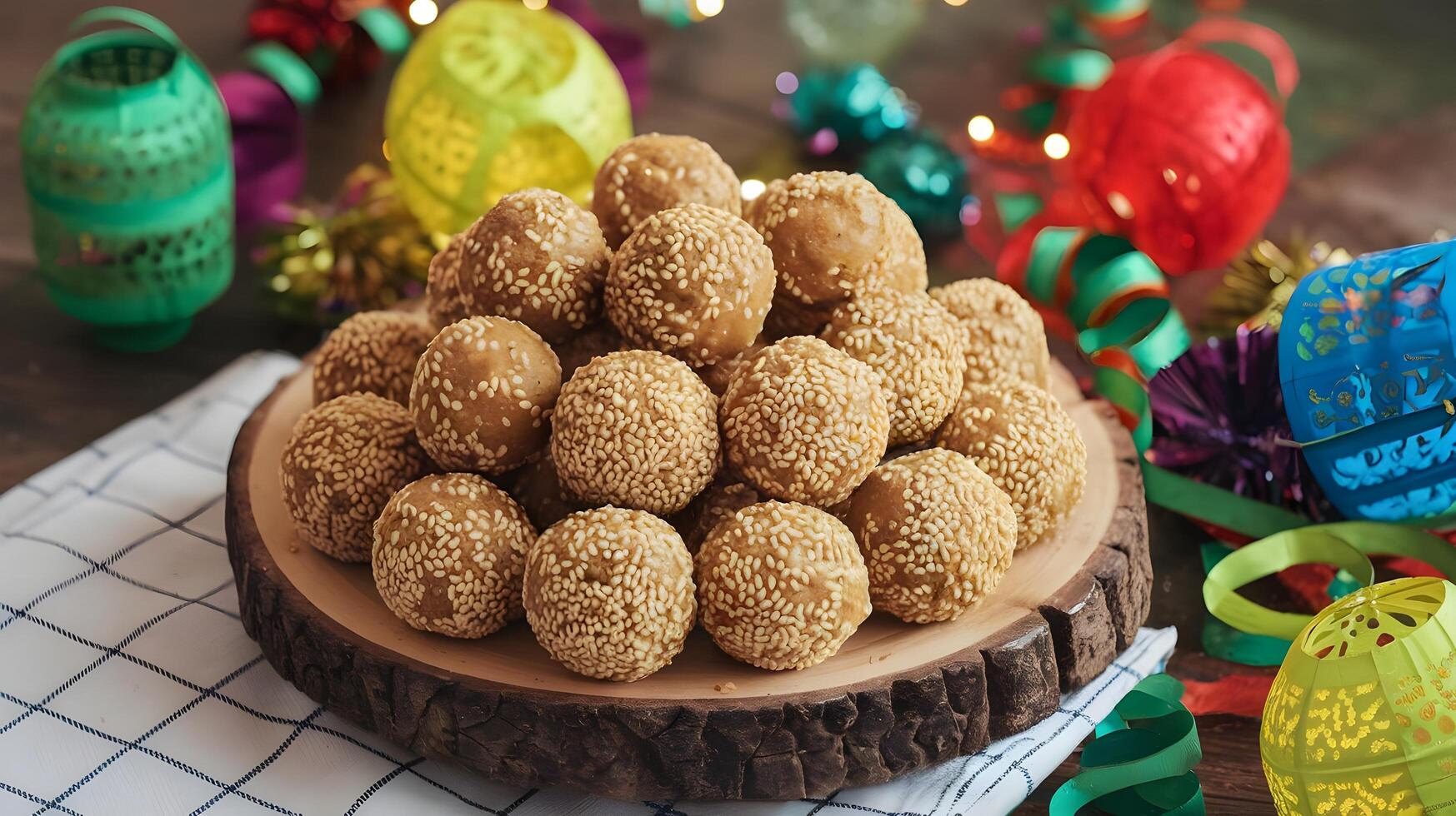 A pile of sesame balls on a wooden plate photo