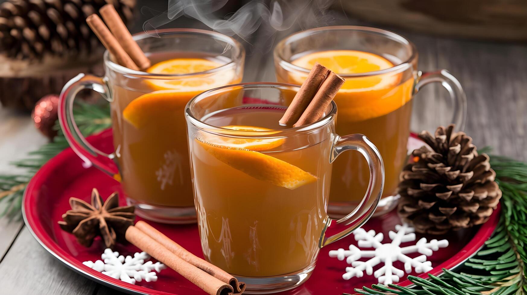 Two glasses of hot mulled cider with cinnamon sticks photo