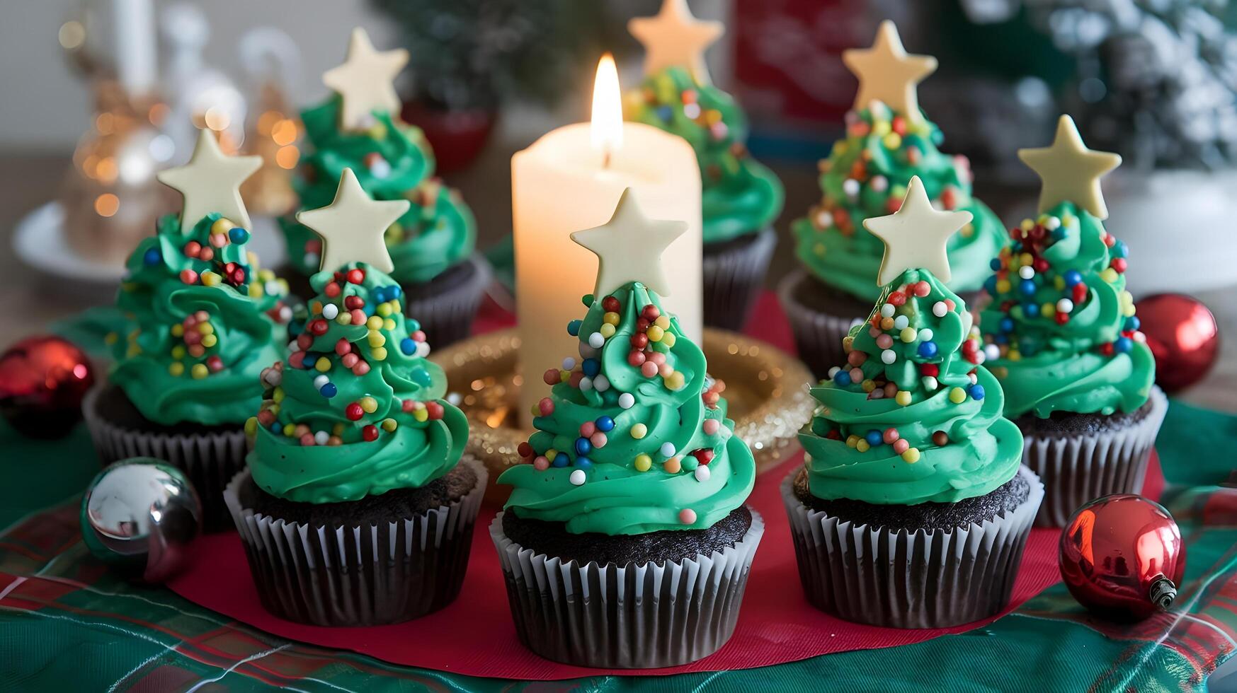 Christmas tree cupcakes with green frosting and decorated with stars photo