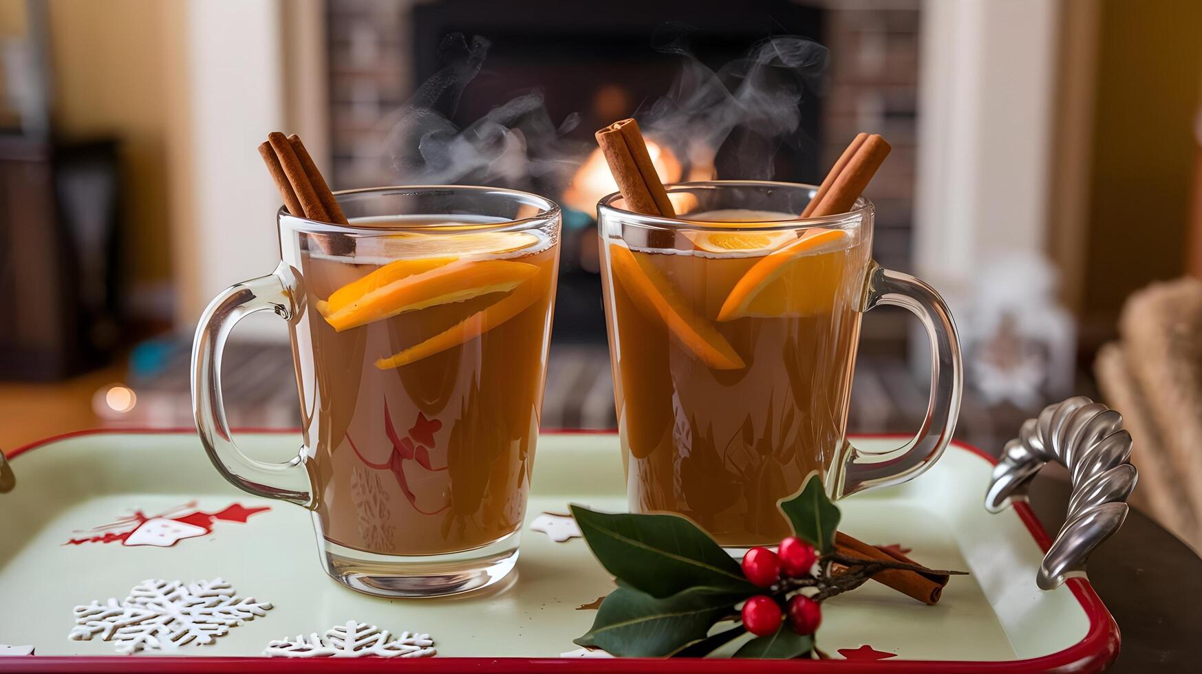 Two glasses of hot tea with cinnamon sticks and oranges photo