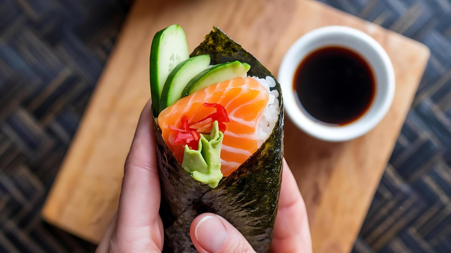 A person holding a sushi roll with salmon and cucumber photo