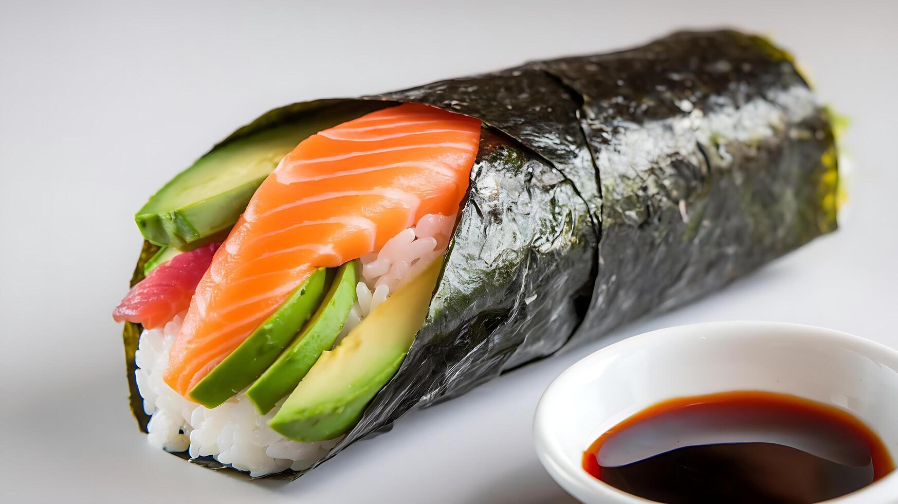 A sushi roll with salmon, avocado and rice photo