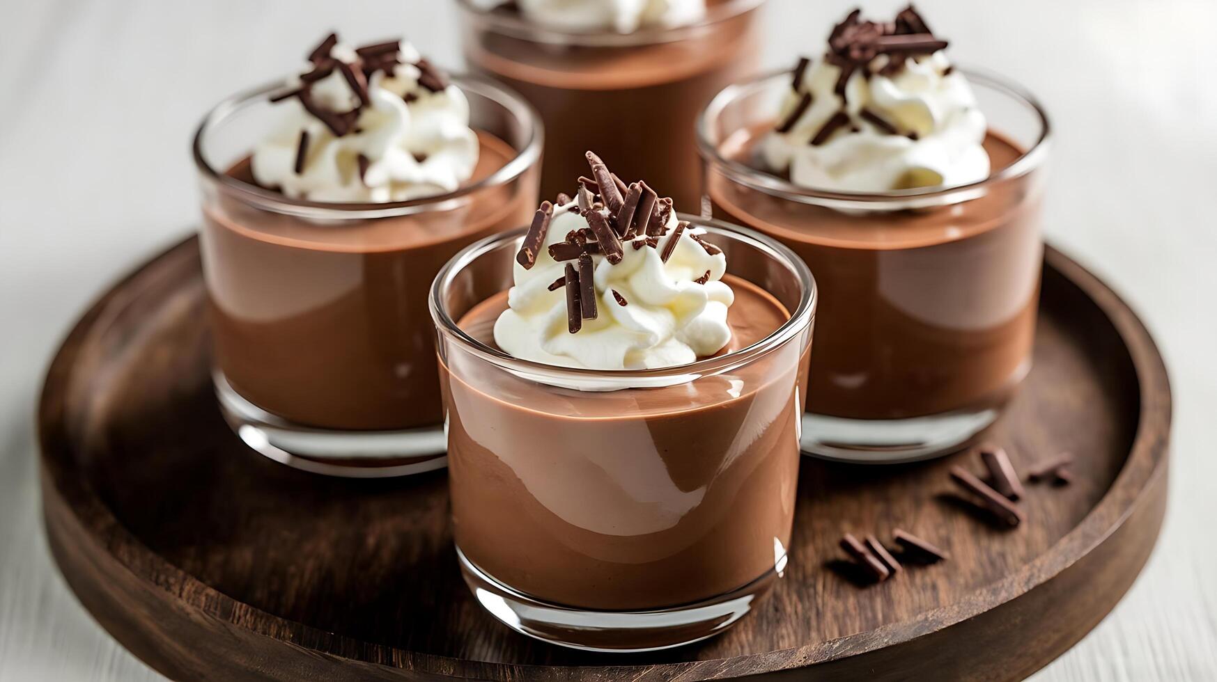 Chocolate pudding in glasses with whipped cream photo