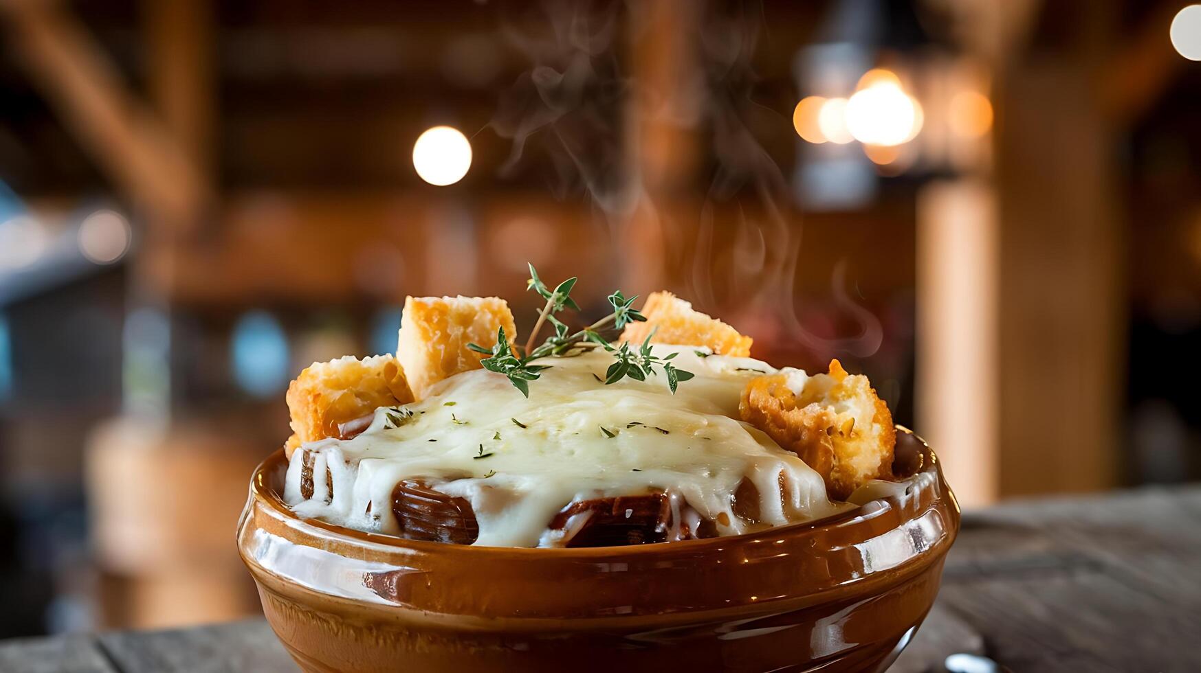A bowl of food with cheese and bread on top photo