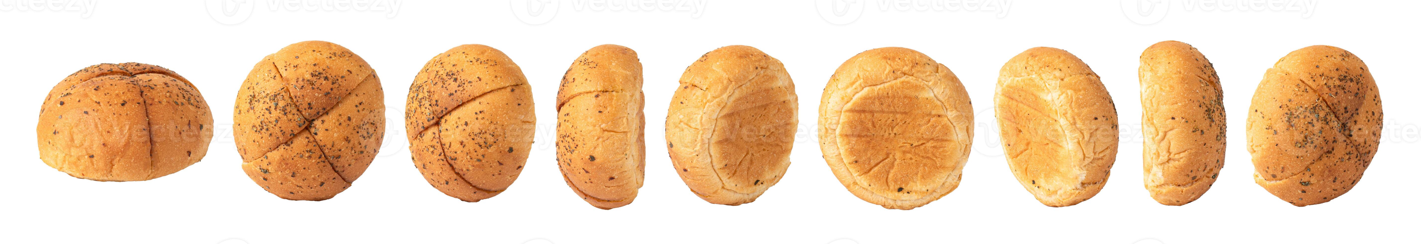 Poppy seed bread roll set, loaf of bread with a golden brown isolated on white background, crispy crust, featuring deep and even slashes on the surface, loaf bread, white whole bread, brown bread photo