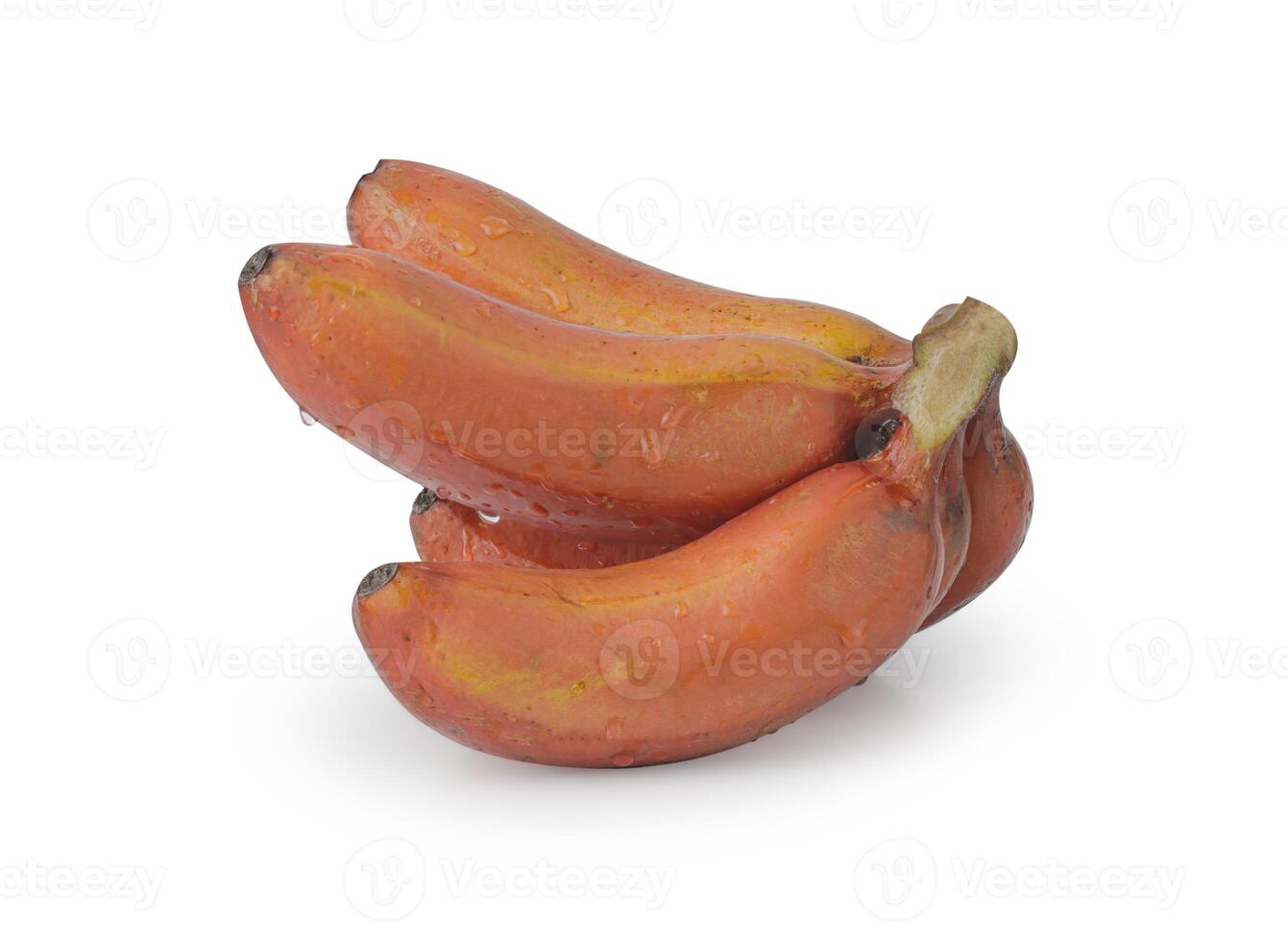 red bananas on a white background. The bananas are arranged in a cluster and are a bright red color. The bananas are ripe and ready to eat. photo