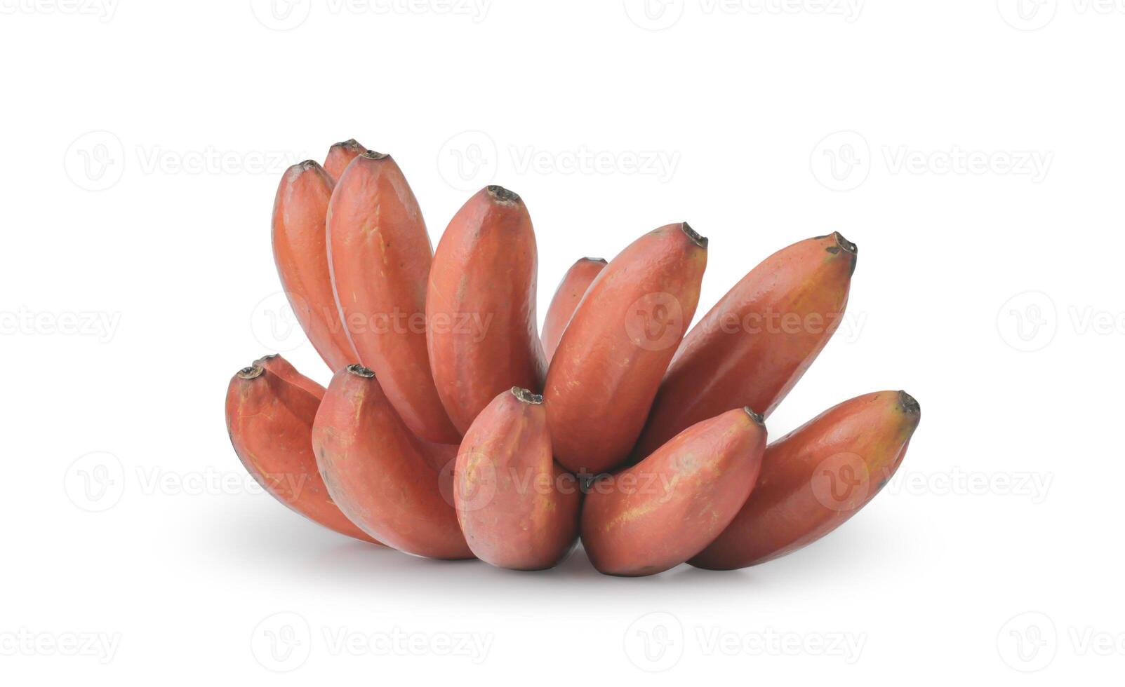 red bananas on a white background. The bananas are arranged in a cluster and are a bright red color. The bananas are ripe and ready to eat. photo