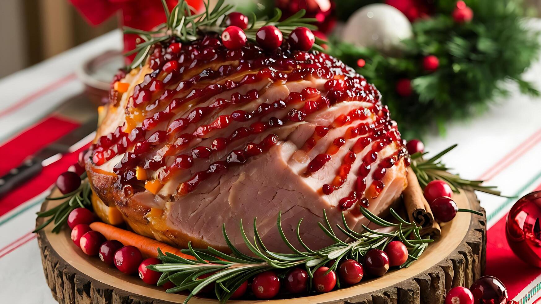A ham with cranberries and rosemary on a plate photo
