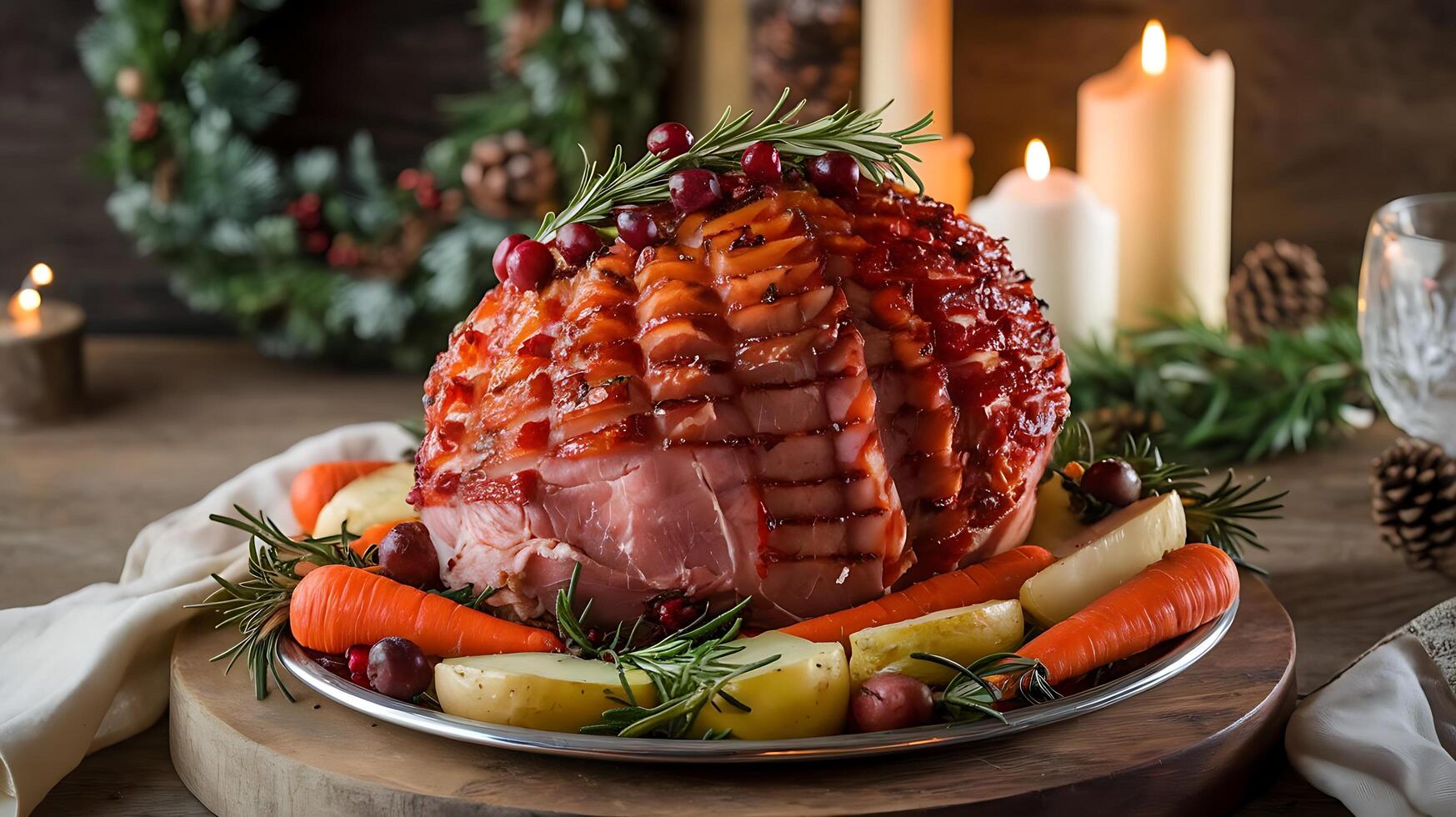 A ham is sitting on a plate with vegetables photo