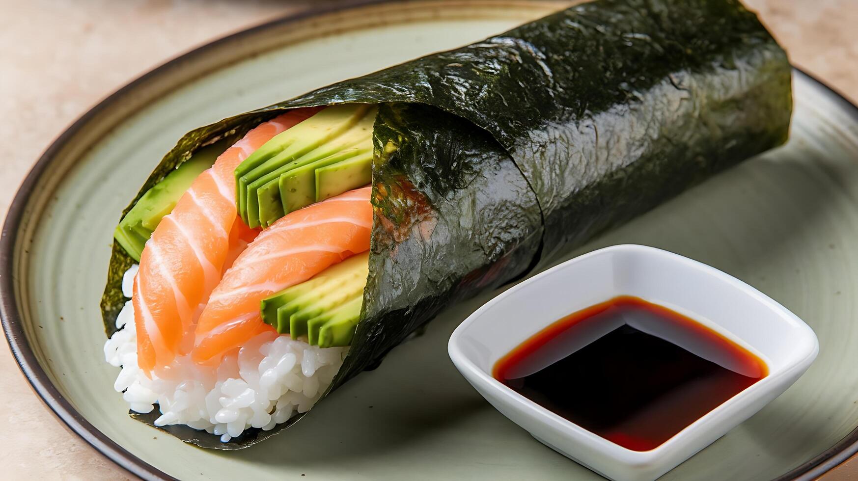 A sushi roll with salmon, avocado and rice photo