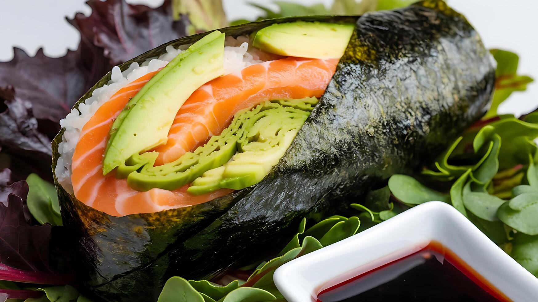 A sushi roll with avocado, salmon and green leafy vegetables photo