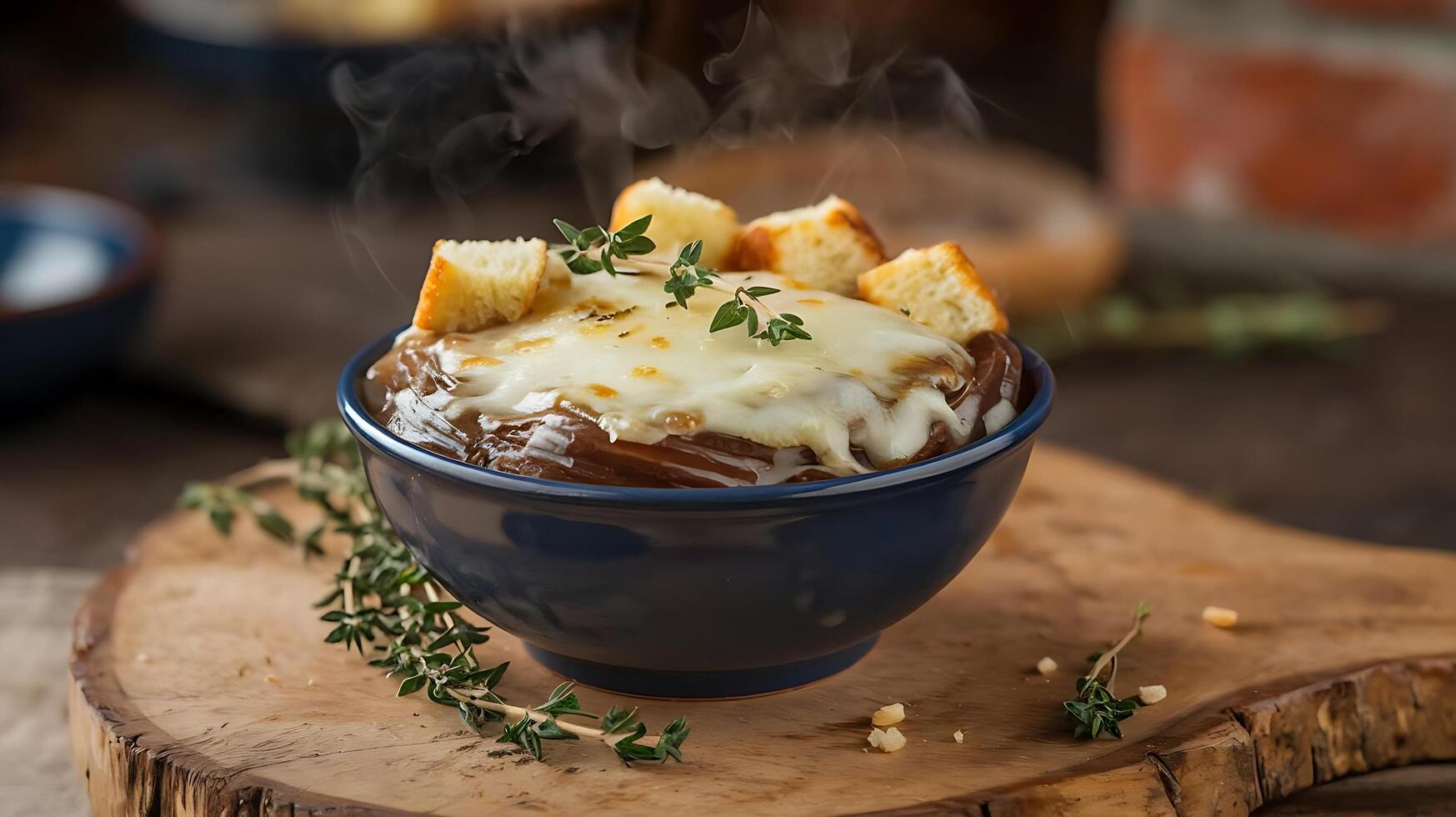 French onion soup in a blue bowl with cheese and herbs photo