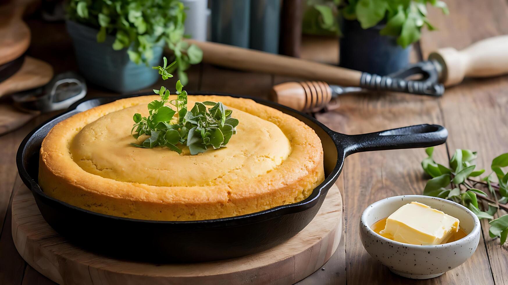Cornbread in a cast iron skillet photo