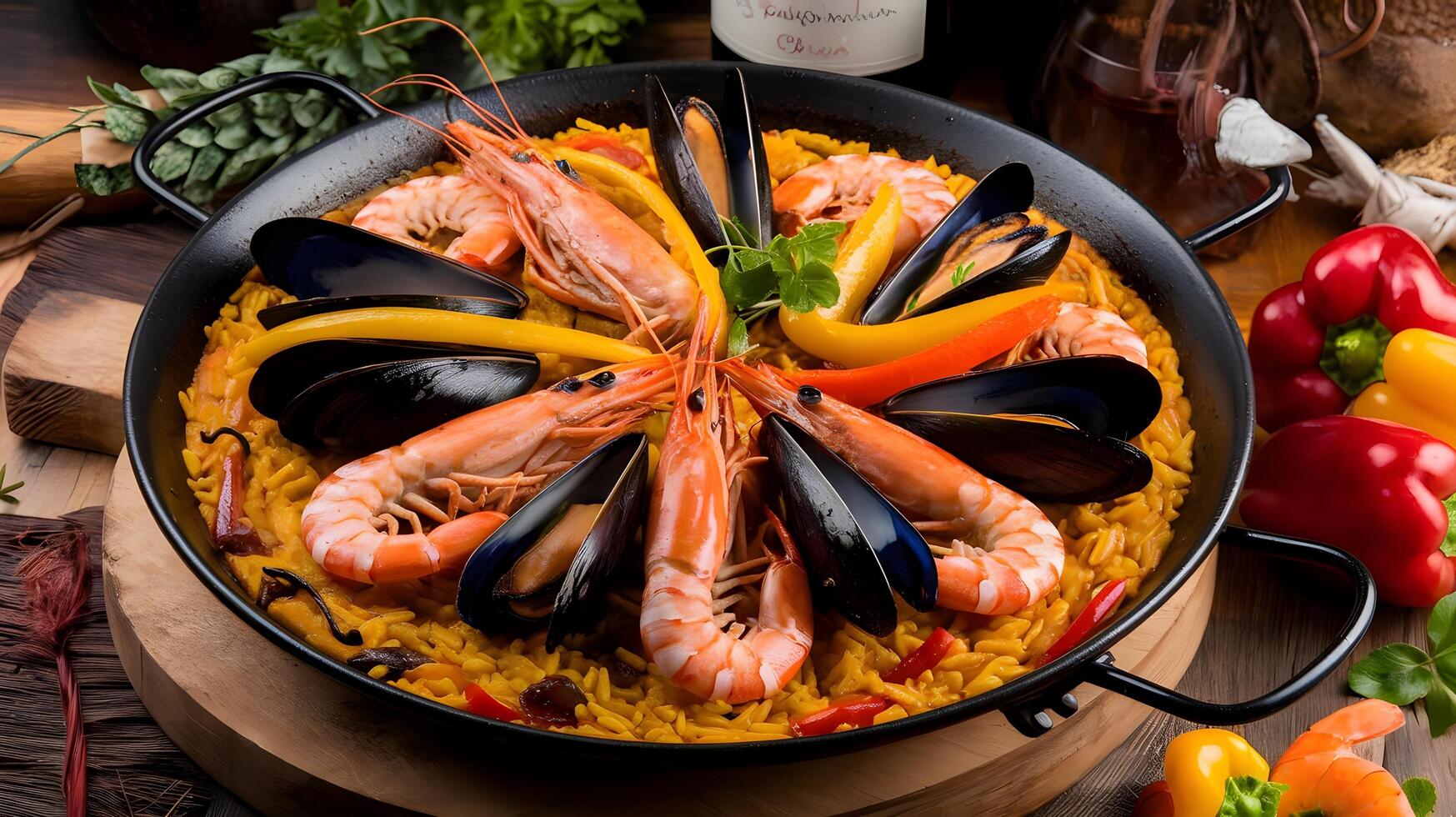 Paella with seafood and vegetables in a pan photo