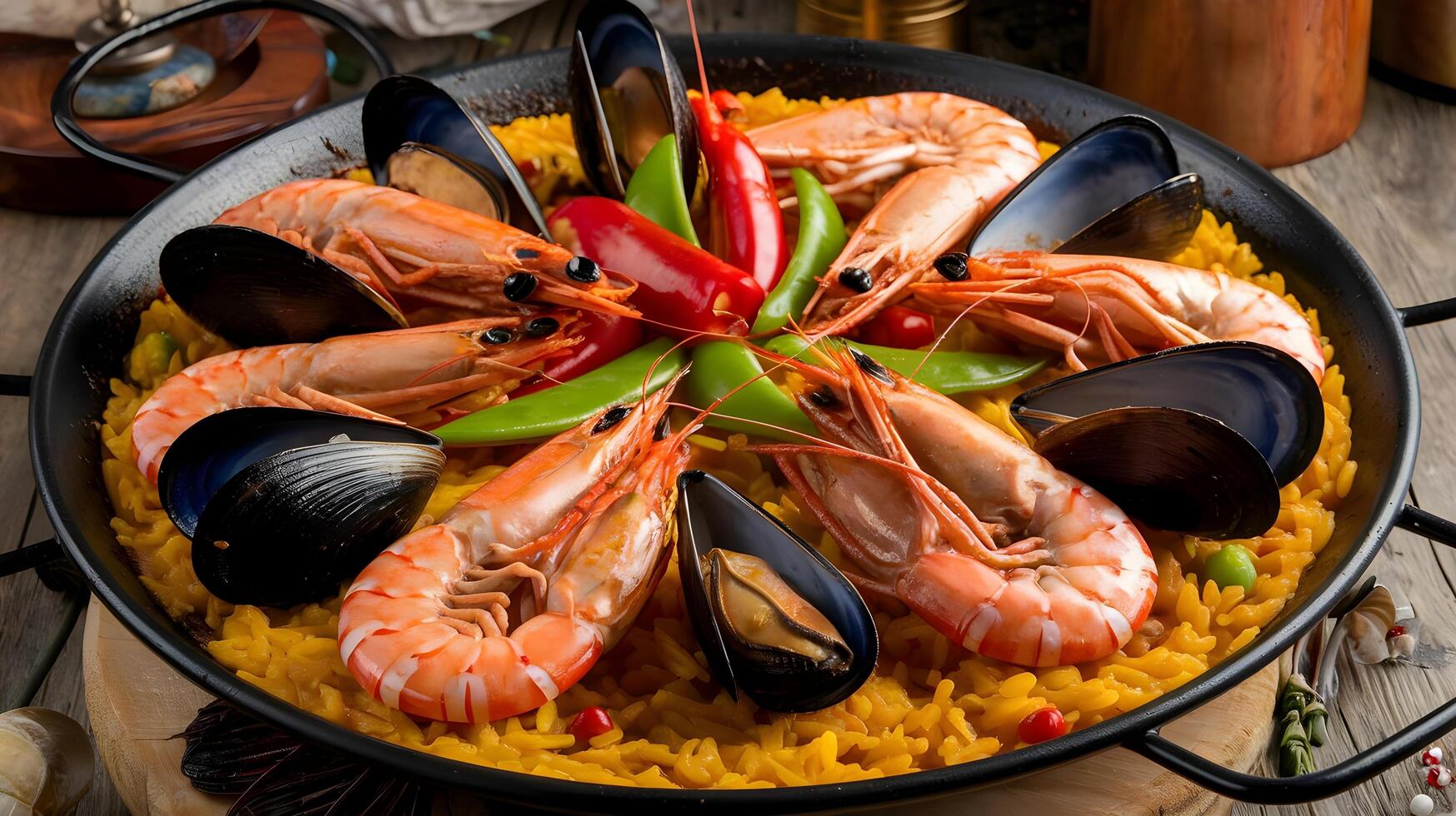 Paella with seafood and rice in a pan photo