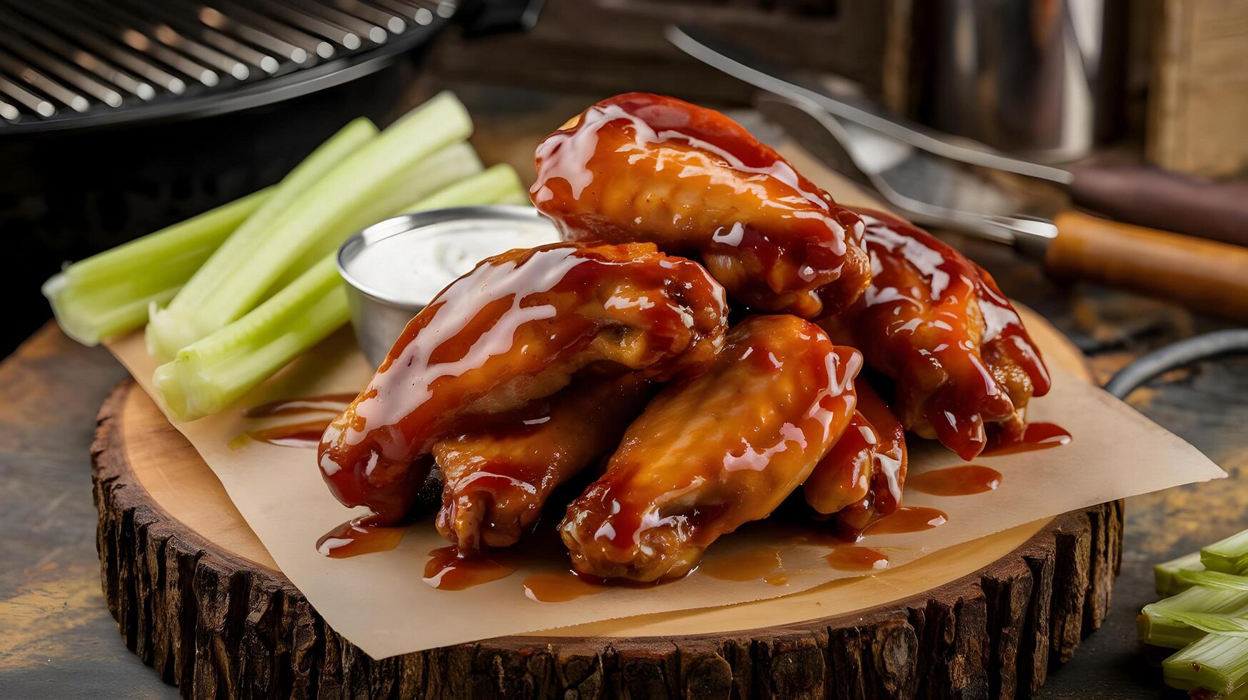 Barbecue wings with celery and sauce on a wooden board photo