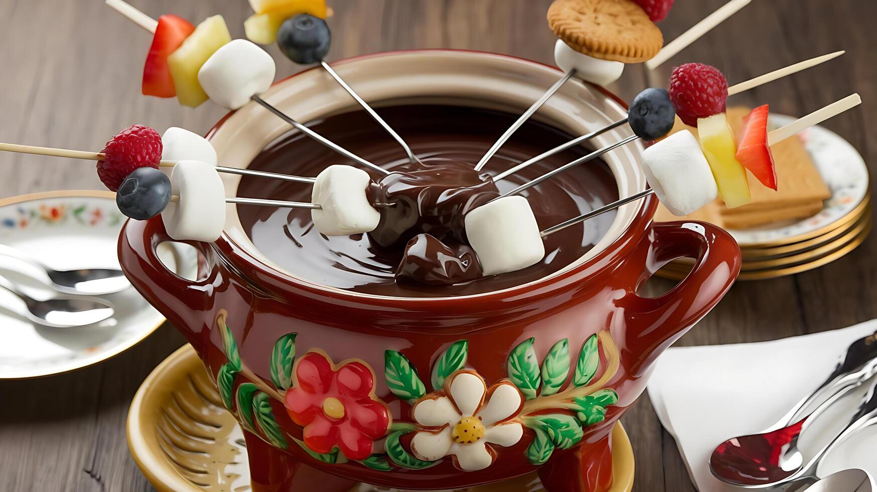 A fondue pot filled with chocolate and fruit photo