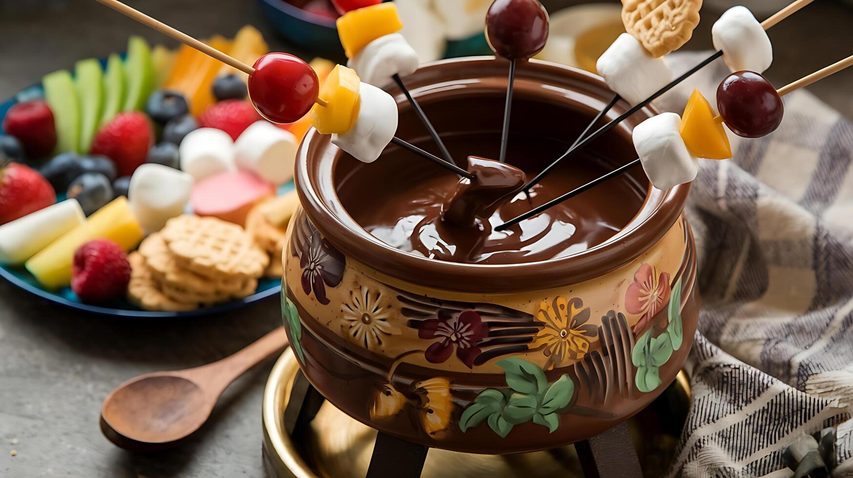 A fondue pot with fruit and marshmallows on sticks photo