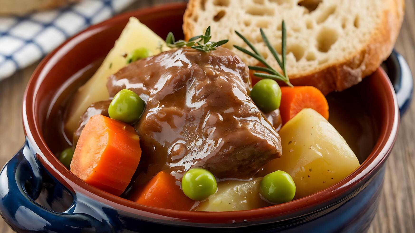 Beef stew with vegetables and bread photo