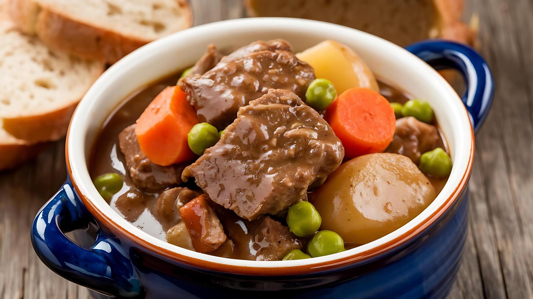 A bowl of stew with meat, peas and carrots photo
