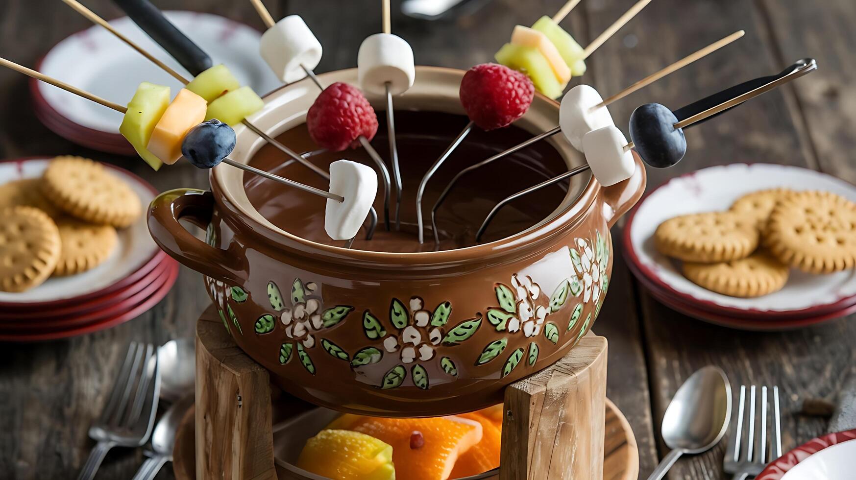 A fondue pot with fruit sticks and other food photo