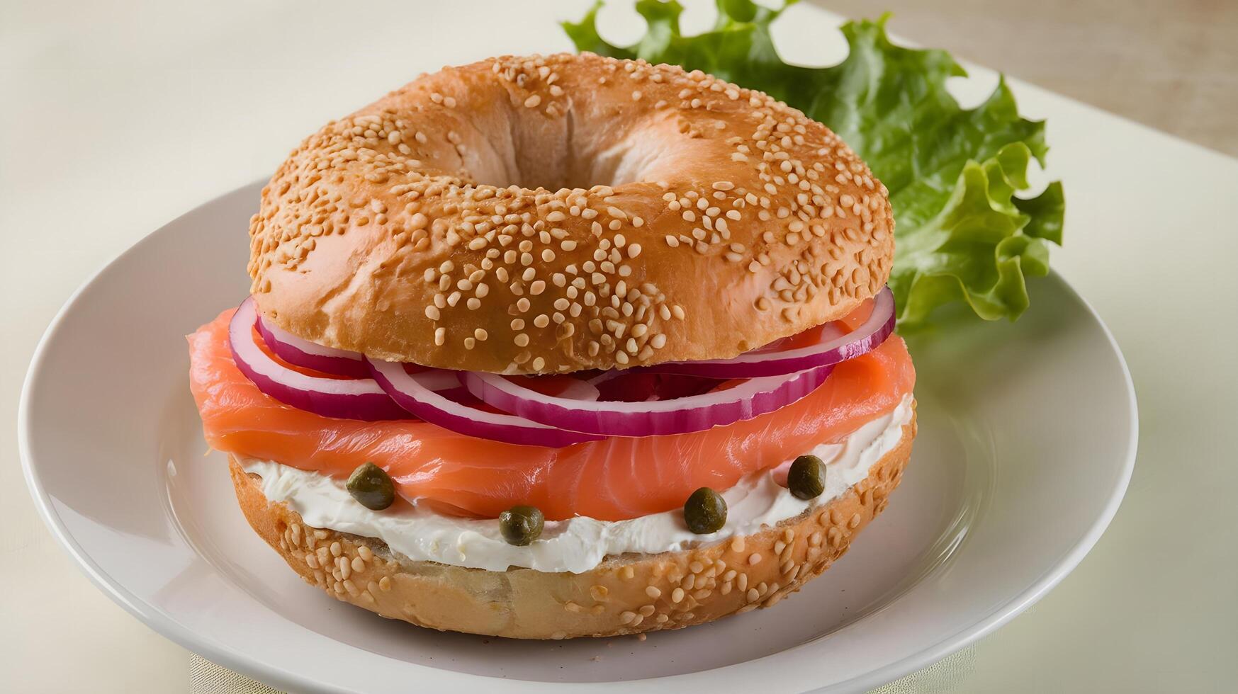 A bagel with salmon, onion and capers photo