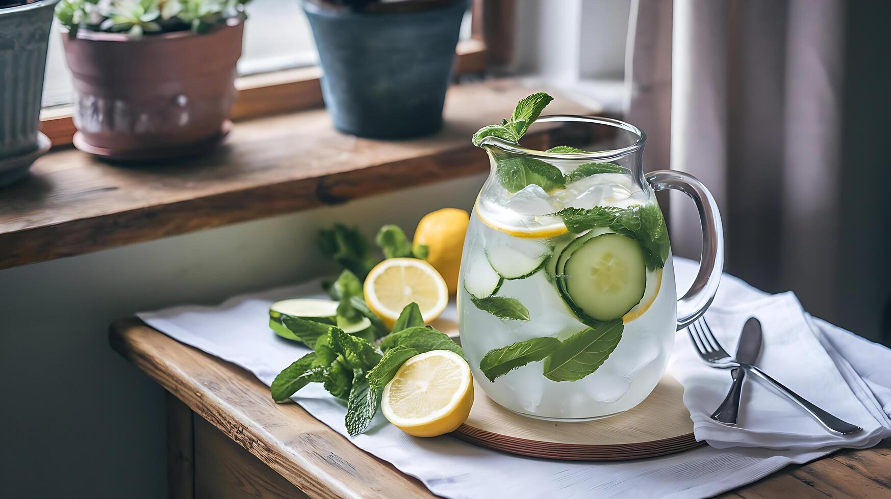 A pitcher of water with cucumber, lemon and mint leaves photo