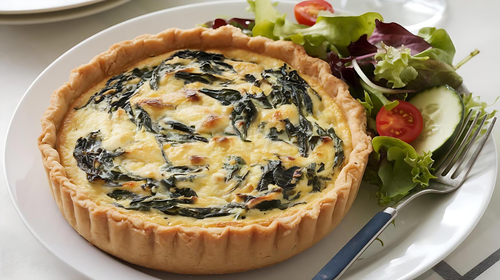 A quiche with spinach and cheese on a plate photo
