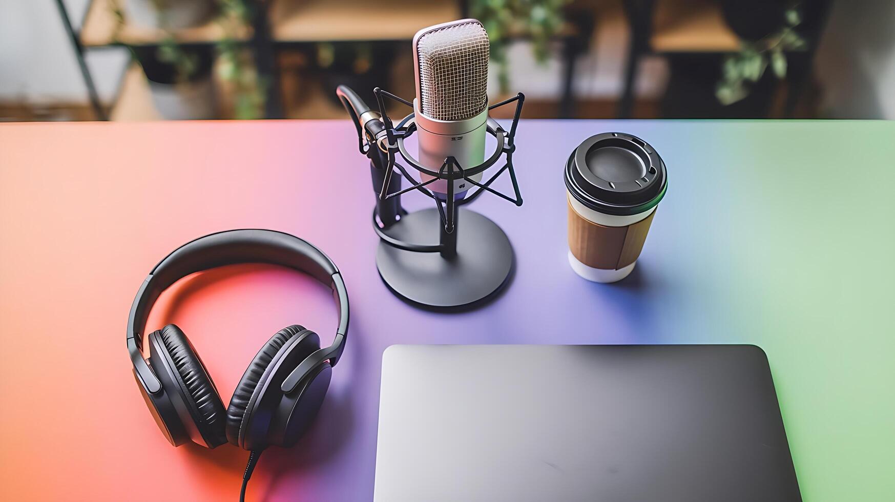 A laptop, headphones and a coffee cup on a colorful table photo