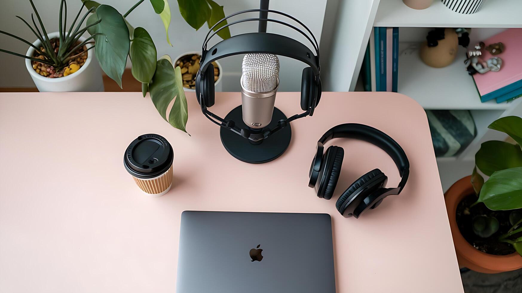 A laptop, headphones and a plant on a pink table photo