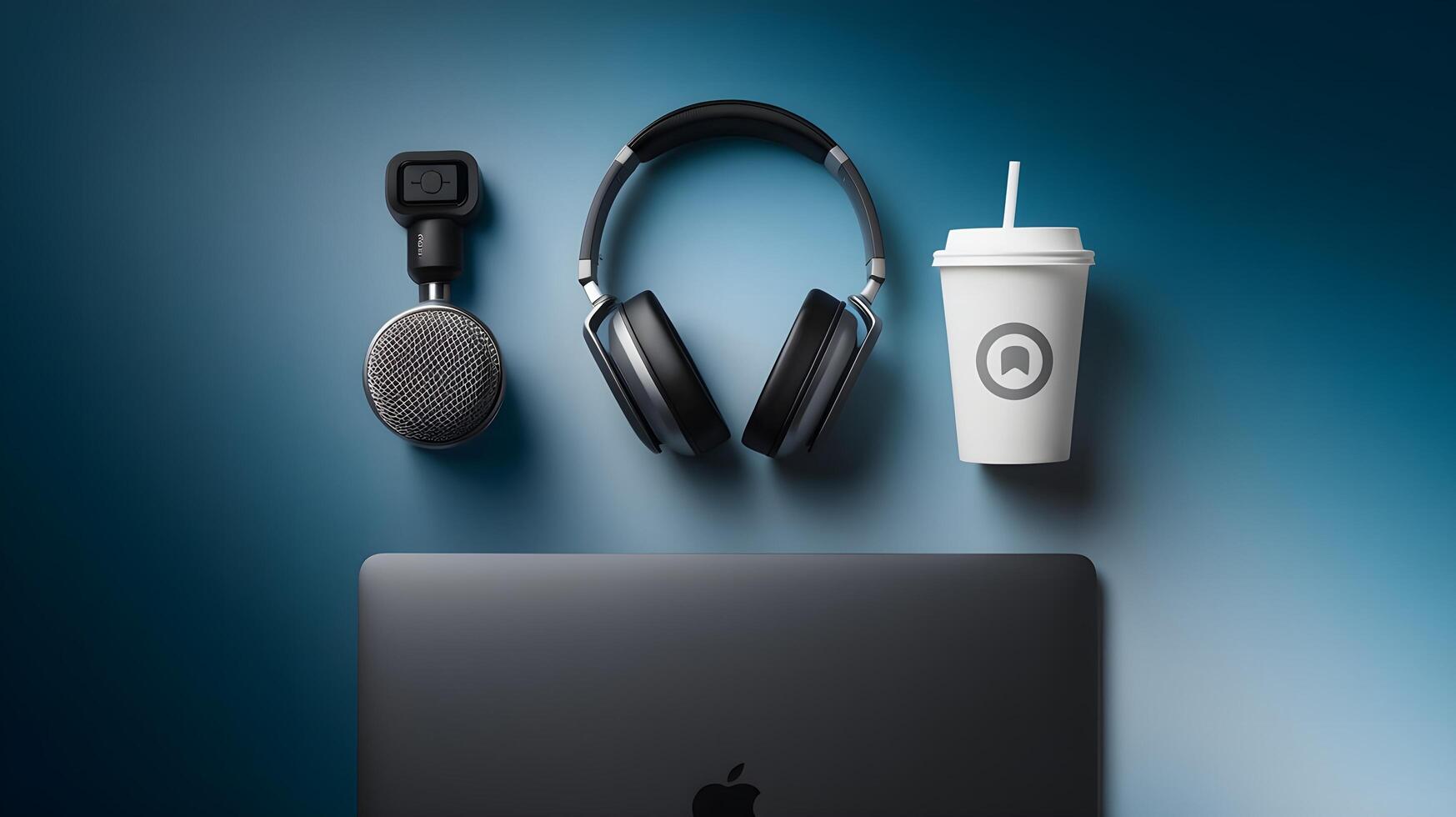A laptop, headphones and a cup of coffee photo