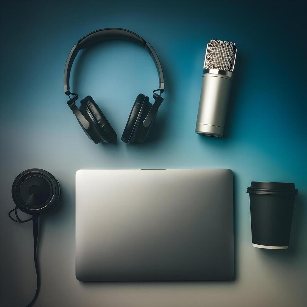 Laptop, headphones, coffee and microphone on a blue background photo