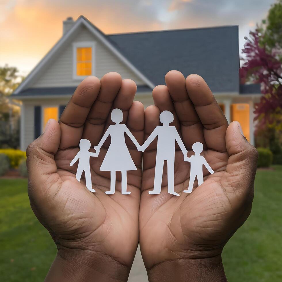 Family home concept with hands holding paper cutout of family holding hands in front of house photo