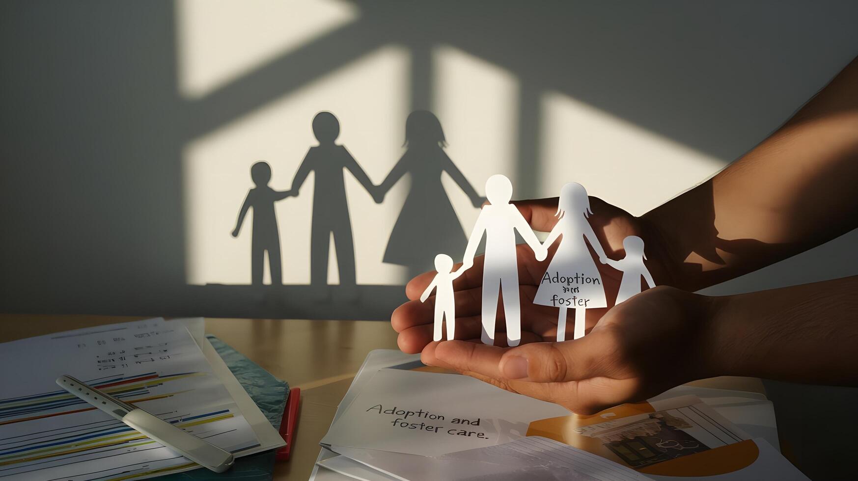 A person holding a paper cut of a family with shadow photo