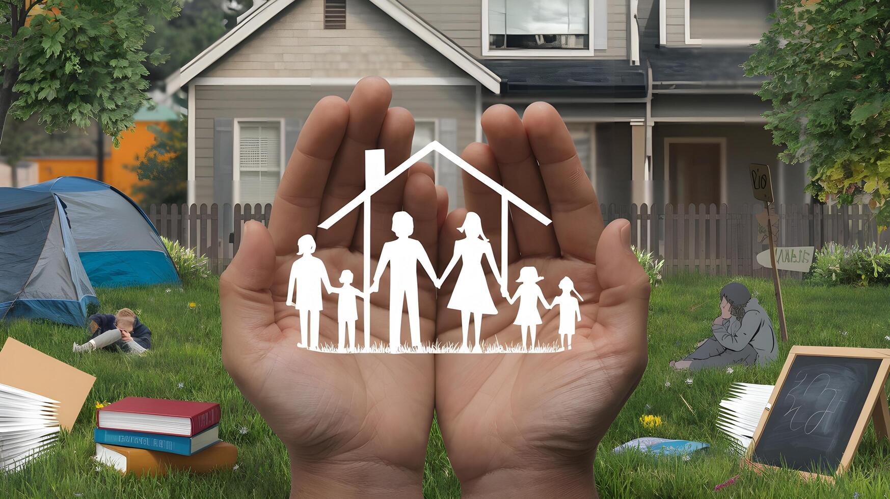 Family home in the background with family and children photo
